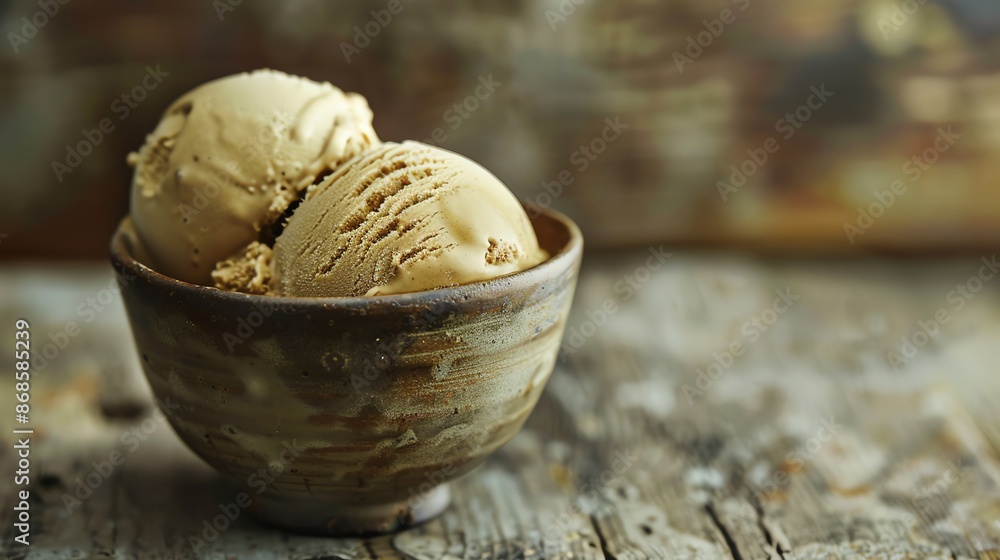 A dynamic image of hojicha ice cream, with its rich, roasted tea flavor, served in a traditional ceramic bowl against a rustic wooden table with warm lighting A dynamic image of hojicha ice cream, with its rich, roasted tea flavor, served in a traditional ceramic bowl against a rustic wooden table with warm lighting