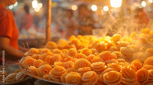 A dynamic shot of freshly made imarti, with their vibrant orange color and intricate patterns, set against a bustling street food market backdrop with warm, ambient lighting photo