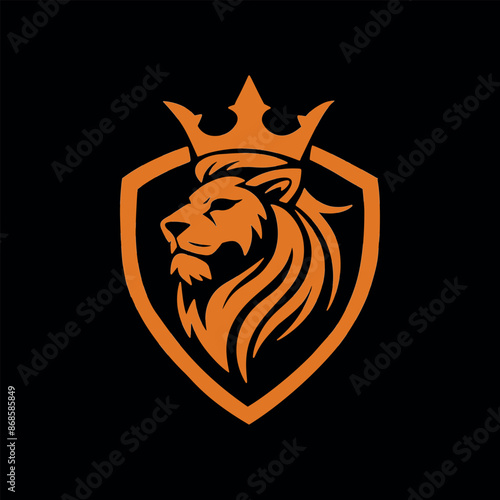 Minimalistic logo of a lion with a crown on a shield.vector illustration on a black background