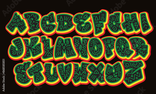 Alphabet in hand-drawn african street graffiti style. vector colored graffiti alphabet on a black background