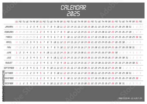Linear Calendar 2025. Horizontal layout, page size A4, week starts on Sunday, English.