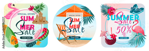 Summer Sale Layout Set. Stickers and labels in circle and rectangle shapes with beach, flamingo, sandcastle, tropical flowers and special offer text.