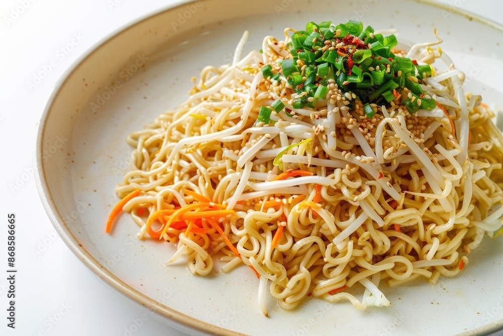 Elegant Plated Dan Dan Sesame Noodles with Fresh Vegetables and Nutty Dressing Elegant Plated Dan Dan Sesame Noodles with Fresh Vegetables and Nutty Dressing
