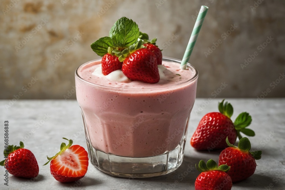 a glass of strawberry milkshake topped with strawberries and mint leaves a glass of strawberry milkshake topped with strawberries and mint leaves