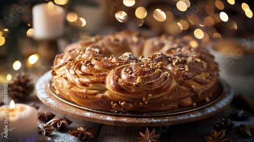 A luxurious image of a Romanian cozonac, with its sweet, nutfilled swirl and soft dough, set against an elegant backdrop with warm lighting photo