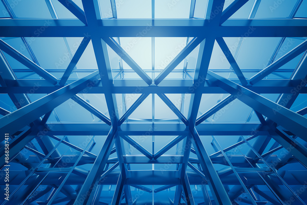 Naklejka premium Abstract steel structure with intricate patterns, dynamic angles and reflections, urban environment, Contemporary, Photorealistic