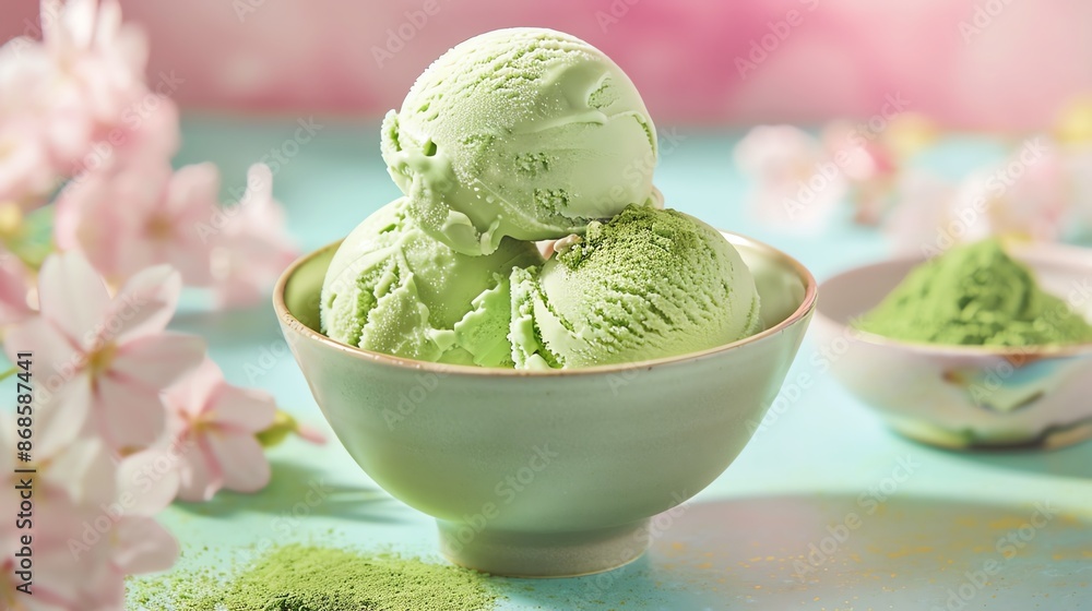 A luxurious image of green tea ice cream, served in a traditional ceramic bowl with matcha powder garnish, set against a bright, colorful background with soft lighting A luxurious image of green tea ice cream, served in a traditional ceramic bowl with matcha powder garnish, set against a bright, colorful background with soft lighting
