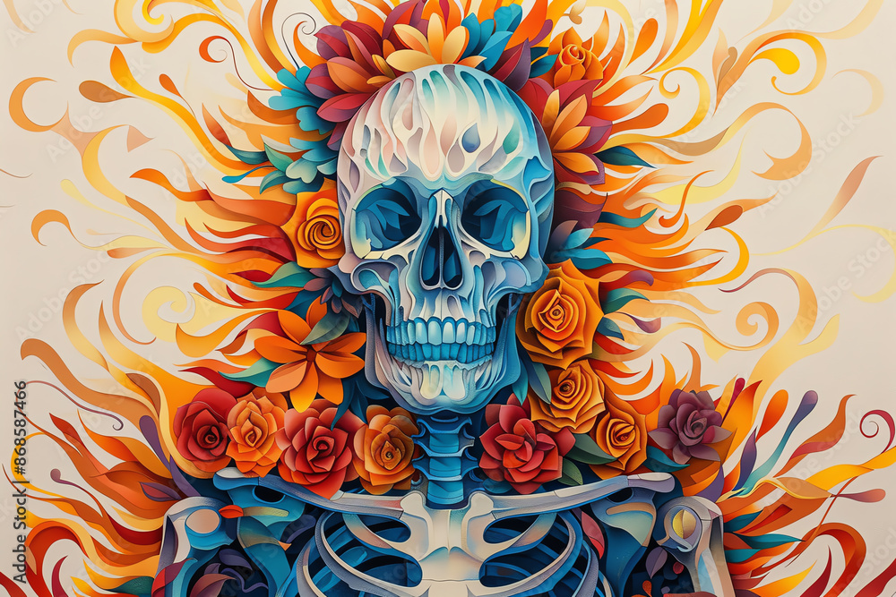 Anatomical skeleton with vibrant floral patterns, set against a psychedelic swirling backdrop, showcasing the beauty of life and death, Psychedelic, Watercolor Anatomical skeleton with vibrant floral patterns, set against a psychedelic swirling backdrop, showcasing the beauty of life and death, Psychedelic, Watercolor