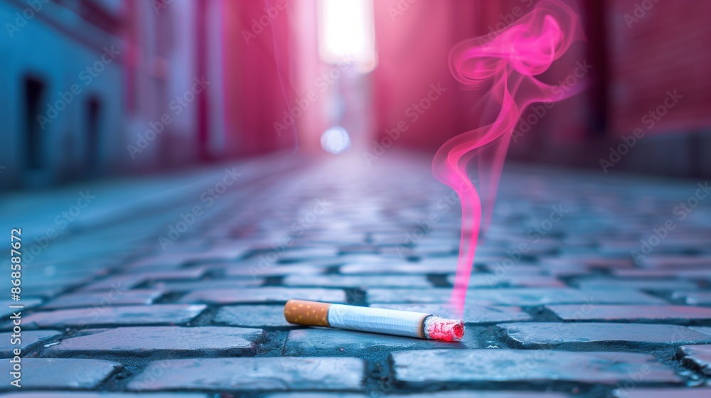 A discarded cigarette emitting pink smoke lying on a cobblestone street, with a blurred urban background A discarded cigarette emitting pink smoke lying on a cobblestone street, with a blurred urban background