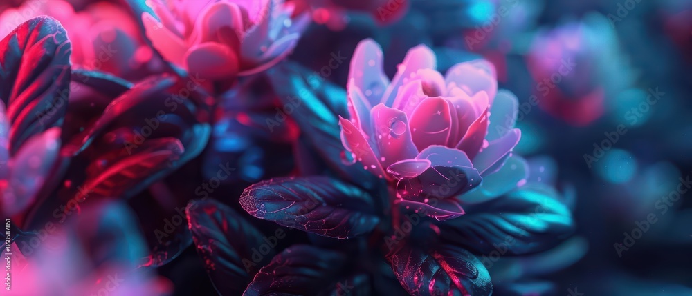 Conceptual banner of a flower garden with neon accents and holographic petals with copy space Conceptual banner of a flower garden with neon accents and holographic petals with copy space
