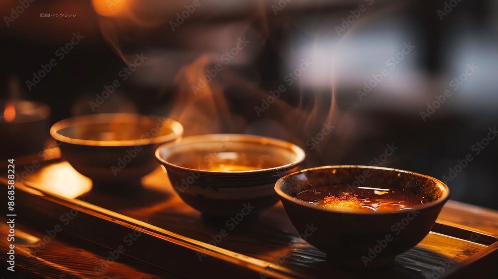 A refined closeup of Japanese zenzai dessert, with warm red bean soup and toasted mochi, placed on a traditional wooden tray with soft, ambient lighting A refined closeup of Japanese zenzai dessert, with warm red bean soup and toasted mochi, placed on a traditional wooden tray with soft, ambient lighting