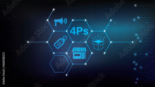 4Ps Model of marketing mix infographic presentation template with icons has 4 steps such as Product, Place, Price and Promotion. 