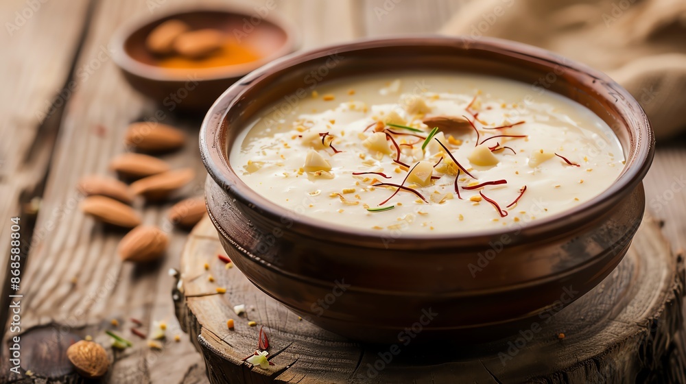 A refined shot of a traditional bowl of kheer, garnished with slivers of almonds and saffron threads, placed on a rustic wooden table with soft, diffused lighting A refined shot of a traditional bowl of kheer, garnished with slivers of almonds and saffron threads, placed on a rustic wooden table with soft, diffused lighting