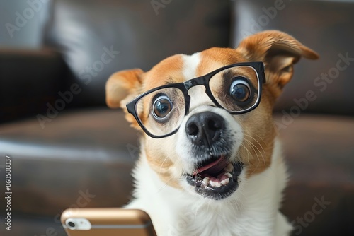 Surprised Dog in Glasses Using Smartphone in Studio Closeup photo