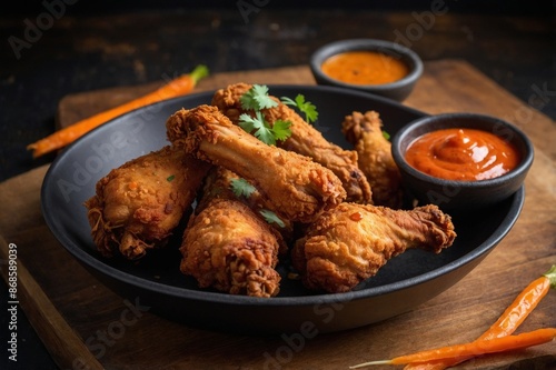 fried chicken drumsticks, served with a side of dipping sauce, all resting on a bed of crispy carrot slices in black bowl