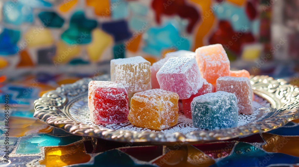 A vibrant image of Turkish delight cubes, dusted with powdered sugar, arranged on a traditional ornate plate, with a colorful mosaic background and bright lighting A vibrant image of Turkish delight cubes, dusted with powdered sugar, arranged on a traditional ornate plate, with a colorful mosaic background and bright lighting