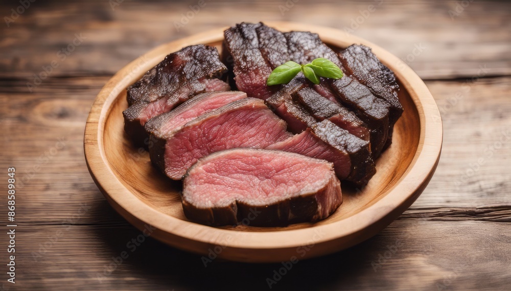 Top view of wagyu a5 on a wooden bowl on a wooden background with copy space Top view of wagyu a5 on a wooden bowl on a wooden background with copy space