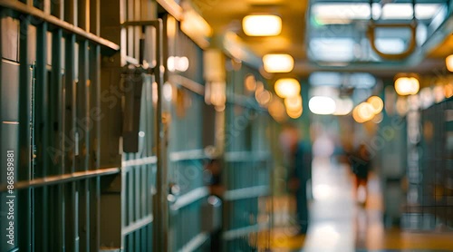 a prison cellblock corridor with barred doors and overhead lighting, featuring a blurred background of inmates and guards, Prison, Indoors, Interior, Fence, blurred background