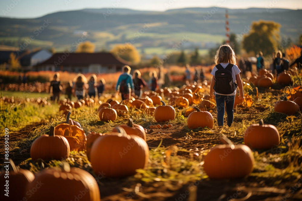 Fototapeta premium A pumpkin patch during the day, with families picking pumpkins and taking photos in front of a festive Halloween backdrop