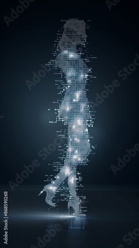 Digital silhouette of a woman composed of glowing particles on a dark background, symbolizing technology and digital art.