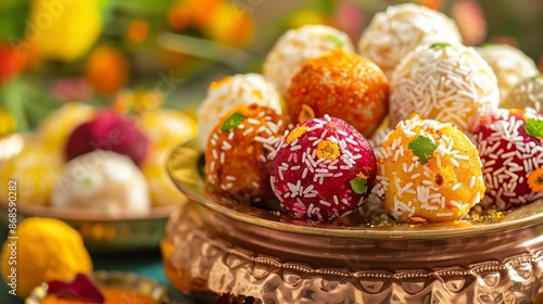 A vibrant shot of colorful motichoor laddus, arranged in a decorative bowl, with a variety of flavors and garnishes, set against a bright, festive background with natural lighting photo