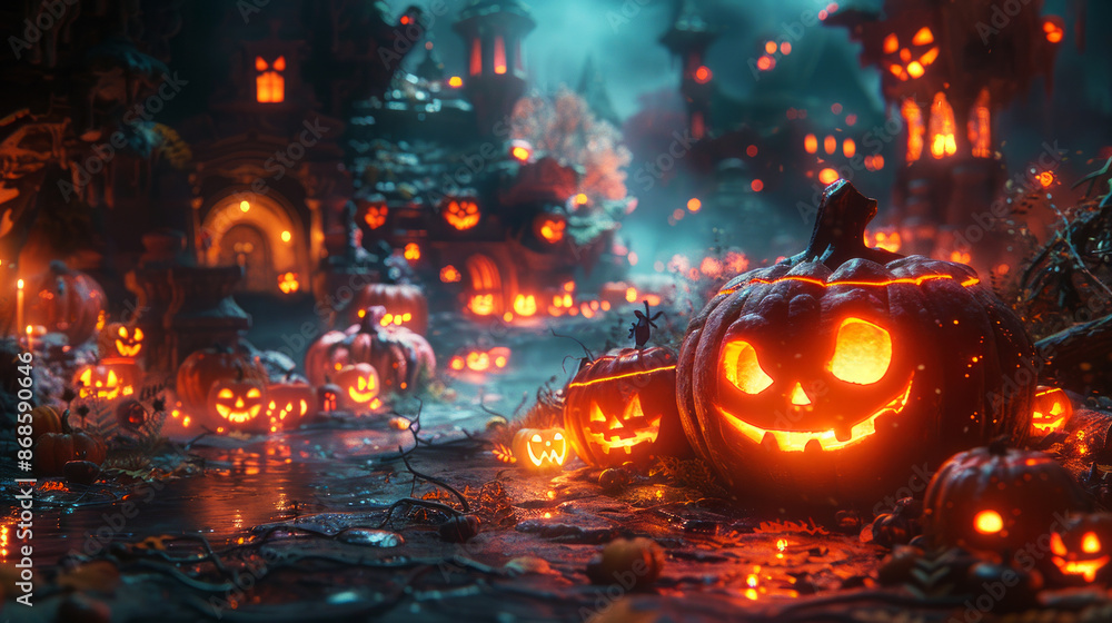 Glowing jack-o-lanterns in a spooky Halloween village at night Glowing jack-o-lanterns in a spooky Halloween village at night