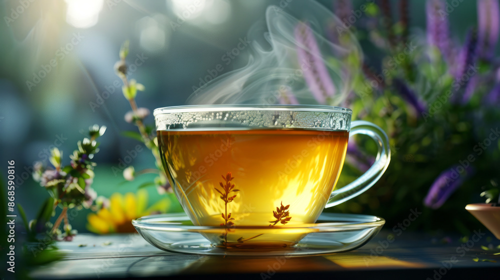 Herbal tea in a transparent cup with steam rising, set in a serene garden with blooming flowers, exuding warmth and tranquility Herbal tea in a transparent cup with steam rising, set in a serene garden with blooming flowers, exuding warmth and tranquility