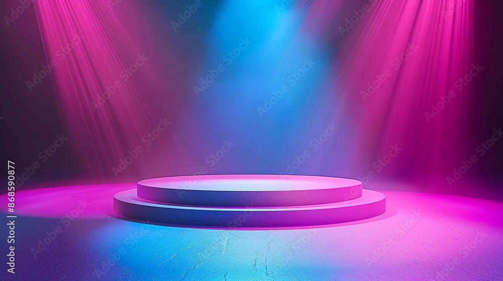 a circular product podium illuminated by bright spotlights a circular product podium illuminated by bright spotlights