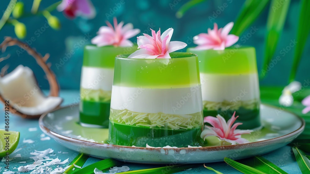A vibrant shot of Thai coconut jelly, with layers of creamy coconut and pandan flavors, set against a bright, colorful background with natural lighting A vibrant shot of Thai coconut jelly, with layers of creamy coconut and pandan flavors, set against a bright, colorful background with natural lighting