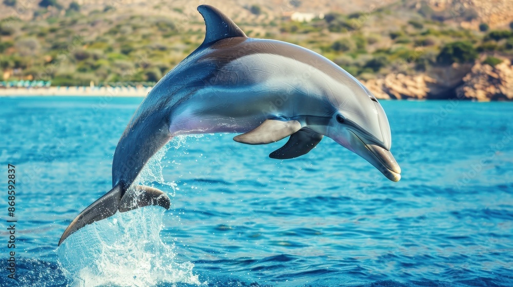 Obraz premium Stunning Photo of a Dolphin Leaping Out of the Water in a Beautiful Ocean Setting