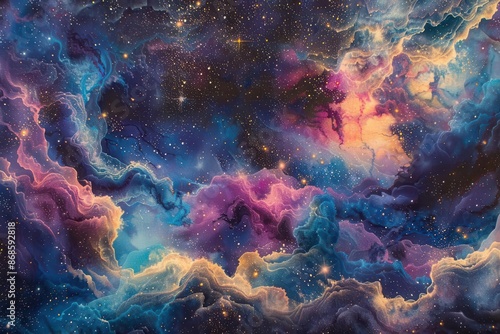 mesmerizing cosmic scene featuring swirling nebulae in vibrant blues purples and pinks twinkling stars and distant galaxies create depth in the vast expanse of space