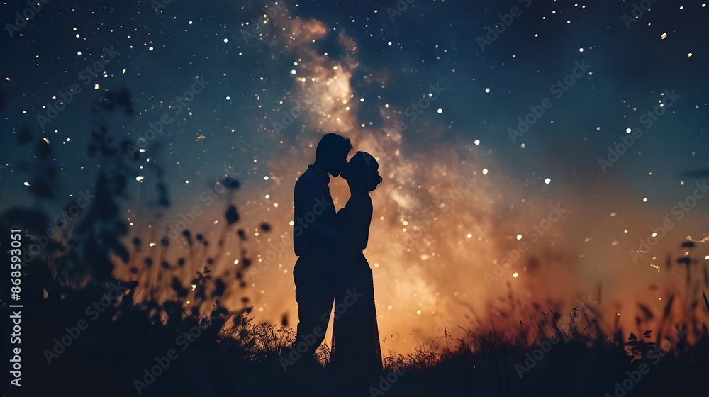 Obraz premium Silhouetted Lovers Kissing Under the Starry Countryside Sky