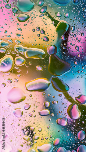 A colorful array of water droplets on a surface, reflecting pink, blue, green, and yellow. The background is blurred, giving the image a dreamy, abstract quality, light