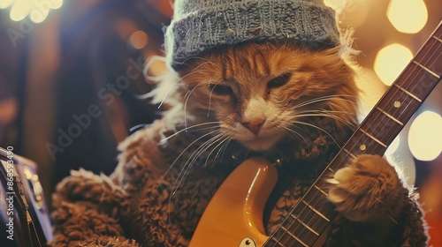 Cool cat playing guitar. Ginger cat wearing a wooly hat and sweater playing an electric guitar under warm lights photo