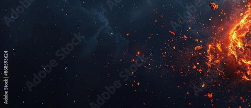 Fototapeta Naklejka Na Ścianę i Meble -  Minimalist banner featuring a dramatic stellar explosion with glowing fragments with copy space
