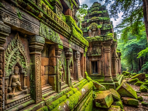 Intricately carved ancient Sanskrit script adorns the weathered sandstone walls of a historic temple in Siem Reap, Cambodia, surrounded by lush green foliage and moss. photo