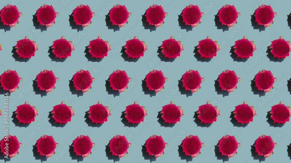 Moving rows of spinning halved dragon fruits, isolated on gray blue background. Symmetrical animated pattern of real exotic fruit cut in half, with red flesh visible inside. Moving rows of spinning halved dragon fruits, isolated on gray blue background. Symmetrical animated pattern of real exotic fruit cut in half, with red flesh visible inside.
