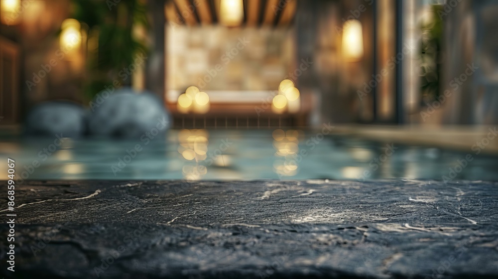 Empty stone surface by pool with blurred background. Black stone surface by pool with blurred background of spa, perfect for product placement or showcasing relaxation. Empty stone surface by pool with blurred background. Black stone surface by pool with blurred background of spa, perfect for product placement or showcasing relaxation.
