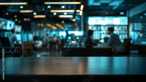 Wallpaper Mural Modern office background with empty table. Blurred image of a modern office with an empty table in the foreground, perfect for product placement or showcasing your design. Torontodigital.ca