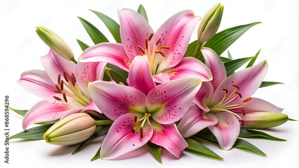 Delicate pink lily blooms, unopened buds, and lush green leaves are artfully arranged against a pure white background, evoking feelings of serenity and elegance. Delicate pink lily blooms, unopened buds, and lush green leaves are artfully arranged against a pure white background, evoking feelings of serenity and elegance.