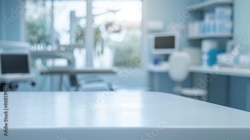 Modern medical clinic examination room. Clean, bright, and modern medical clinic examination room, featuring empty table space ideal for product placement or design.