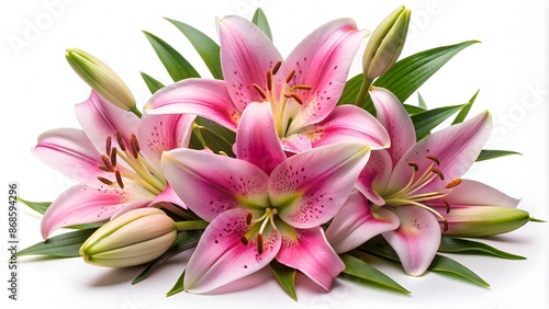 Delicate pink lily blooms, unopened buds, and lush green leaves are artfully arranged against a pure white background, evoking feelings of serenity and elegance. © Adisorn
