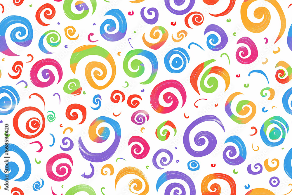 Bright spiral pattern in various colors on a white background, ideal for playful designs. Bright spiral pattern in various colors on a white background, ideal for playful designs.