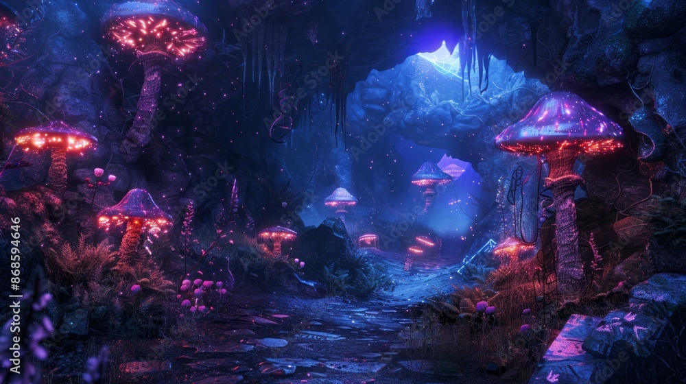 Glowing mushroom cave. Magical glowing mushrooms light up a mystical ...