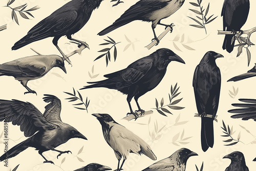 A monochromatic seamless pattern with various birds, predominantly crows, perched on branches against a light background, offering a classic and elegant look. photo