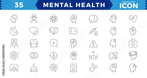 Mental Health Line Editable Icons set.Containing depression, bipolar, PTSD,  Vector illustration in modern thin line style of medical icons: components of a healthy lifestyle and mental balance
