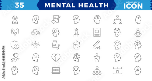 Mental Health Line Editable Icons set.Containing depression, bipolar, PTSD, Vector illustration in modern thin line style of medical icons: components of a healthy lifestyle and mental balance