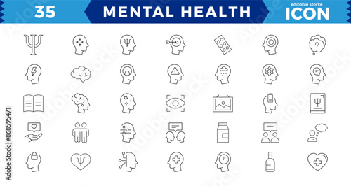 Mental Health Line Editable Icons set.Containing depression, bipolar, PTSD,  Vector illustration in modern thin line style of medical icons: components of a healthy lifestyle and mental balance