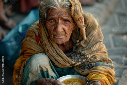 Wallpaper Mural Old Woman Beggar on Street with Copy Space, Female with Bowl, Hungry Seeking Human Kindness Torontodigital.ca