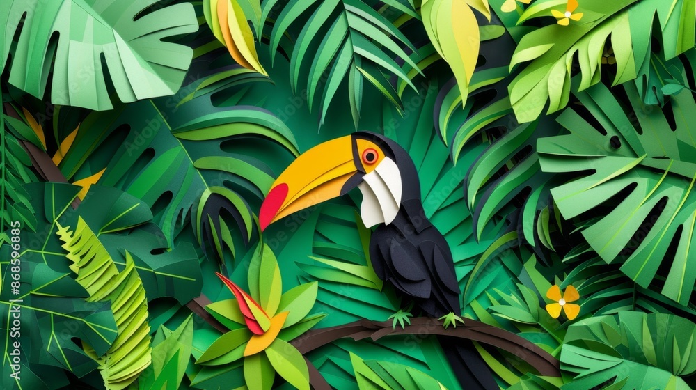 A 3D papercut illustration depicting a lush jungle scene. Vivid green layers form tropical foliage, while a toucan with a brightly colored beak perches on a branch, its feathers meticulously crafted A 3D papercut illustration depicting a lush jungle scene. Vivid green layers form tropical foliage, while a toucan with a brightly colored beak perches on a branch, its feathers meticulously crafted